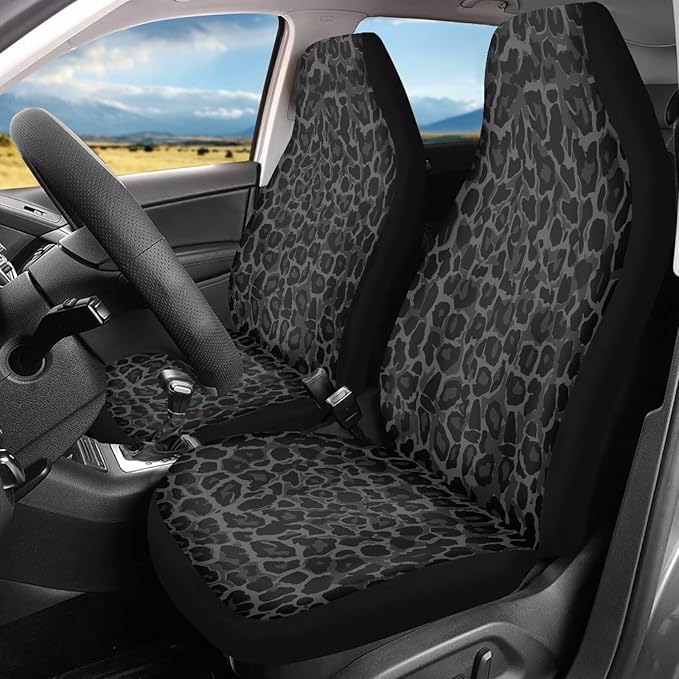 Car Front Seat Covers Waterproof Black Gray Leopard Print Car Seat Cover Auto Interior Accessories 2 Pcs Set Automobile Front Seats Covers Universal Fit for Most Vehicles Women Men