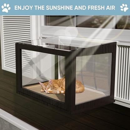 Cat Window Box Weatherproof Catio Outdoor Cat Enclosure Perch with Bug-Proof Wire Grid Fits Double Hung Frames 25.4" to 43.3" Wide Sunbathing Napping Overlooking