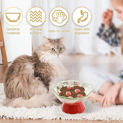 Raised Slow Feeder Cat Bowl, Ceramic Elevated Small Cat Food Bowl, 15°Titled Food Bowls Small Dogs Slow Feeder, Strawberry Shaped Cute Pet Dish for Dry and Wet Foods(Pink)