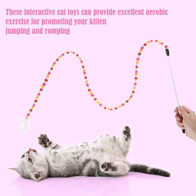 Sumind 6 Pieces Cat Toys Interactive Cat Wand Toys with Feather and Bell Safe Teaser Catcher Stick Toy Colorful and Sounding Christmas Wand for Cats Kittens Training Pets Exerciser