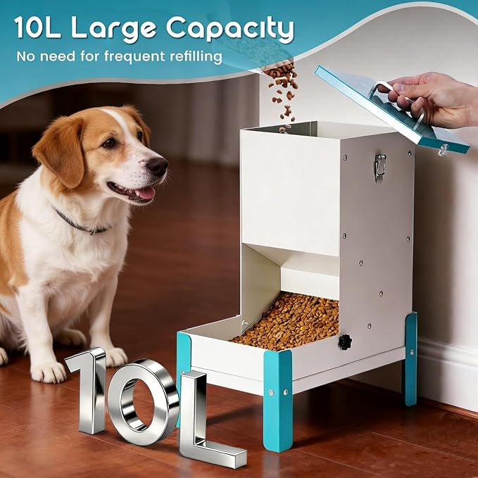 Automatic Dog Feeder 10L Auto Cat Feeder with Stand Gravity Dog Food Dispenser with A Detachable Feeding Tray, Galvanized Pet Feeding Station for Dogs & Cats (10L)