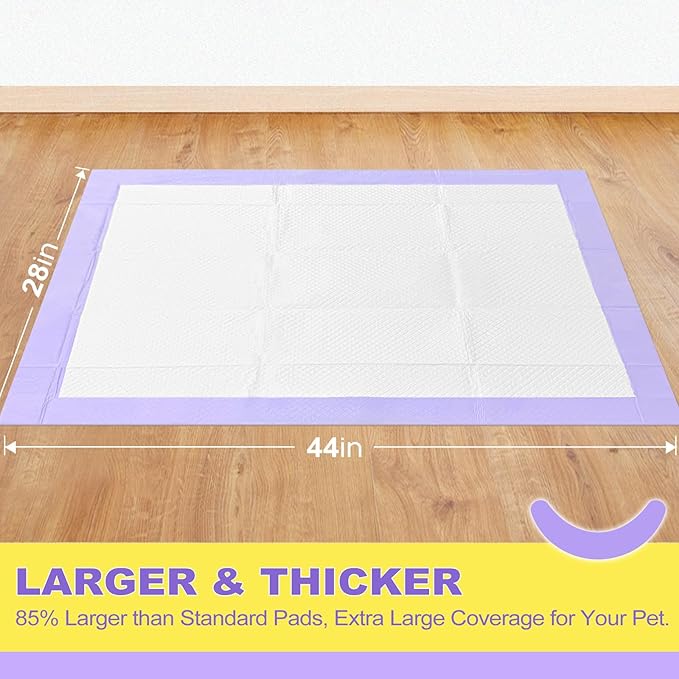 MIZOK Dog Pads Extra Large 28x44in, XXL Potty Pads for Dogs, Keeps Fresh & Clean, Ultra Absorbent Up to 12 Cups, 6 Layers Leak-Proof, Purple Lavender Color (30 Counts)