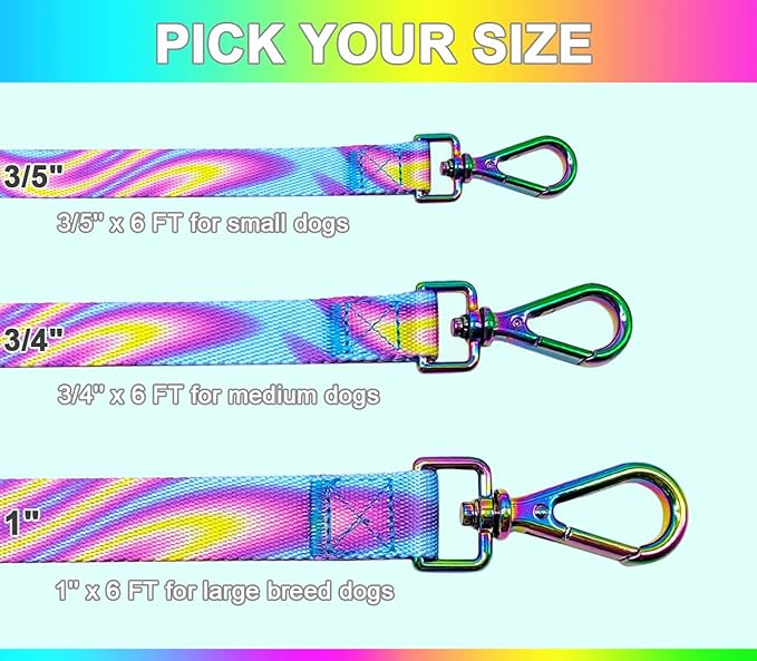 6FT Dog Leash, Strong Nylon Tie Dye Dog Lead with Heavy Duty Holographic Laser Hardware Comfortable Padded Handle Leash for Medium Large Dogs