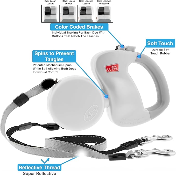 WIGZI - 2025 Enhanced Edition - Dual (2) Dog Retractable Leash, Auto-Untangles, Supports Up to 50lb Dogs, 10ft Distance Each Dog, Color-Coded Control, Reflective Leads, Waterproof (White)