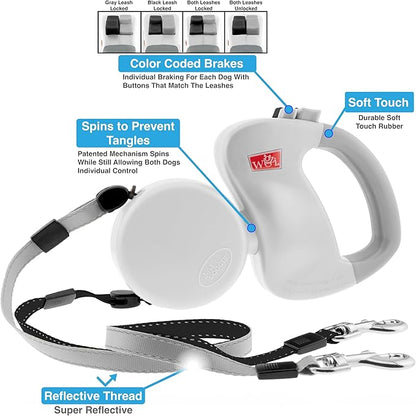 WIGZI - 2025 Enhanced Edition - Dual (2) Dog Retractable Leash, Auto-Untangles, Supports Up to 50lb Dogs, 10ft Distance Each Dog, Color-Coded Control, Reflective Leads, Waterproof (White)