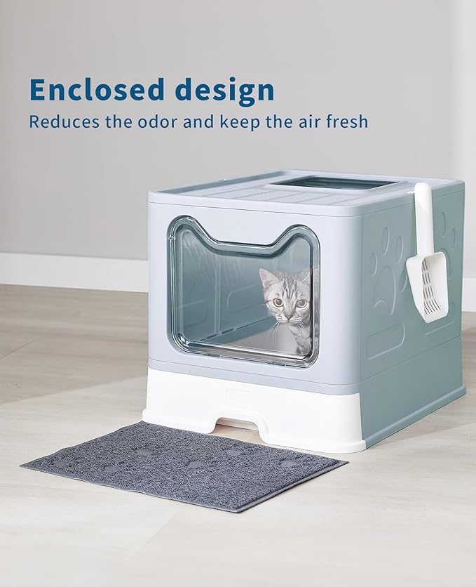 Cat Litter Box with Litter Mat and Scoop, Large Covered Litter Box with Lid, Front Entry Top Exit Kitty Box, Odor Control, Easy to Clean (Blue)
