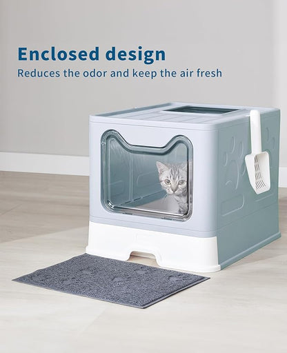 Cat Litter Box with Litter Mat and Scoop, Large Covered Litter Box with Lid, Front Entry Top Exit Kitty Box, Odor Control, Easy to Clean (Blue)