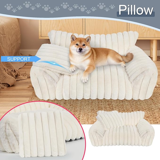Cute Dog Cat Couch for Medium Large Dogs,Fluffy Pet Sofa Dog Couch Bed with Premium Soft Corduroy Fleece,Cute Washable Dog Bed Medium Large Size Dog,Supportive Cat Sofa Pet Bed(36x27x10,White)