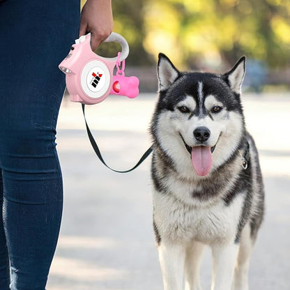 Retractable Dog Leash with LED Light Makife 5m Extendable Dog Lead for Small Medium Puppis up to 25kgs, One-Hand Brake & Lock System, Ergonomic Handle - Light Pink