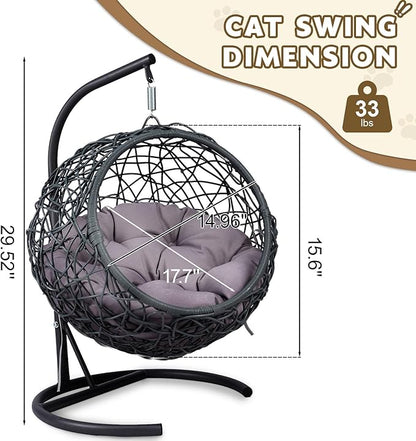 Cat Swing Bed with Stand & Cushion Indoor Outdoor, Egg Chair with Rattan Wicker Appearance, Indoor Hanging Swinging Hammocks for Cat, Dogs, and Small Animals Bedroom Porch (Gray-2)