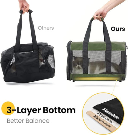 Cat Carrier Airline Approved, Soft-Sided Dog Carrier with Inner Safety Leash, Pet Transport Carrier for Small-Medium Cats Puppies up to 15 Lbs, Collapsible Travel Kitten Carrier Bag -Green M