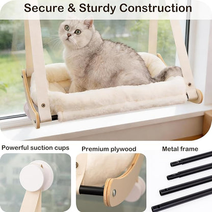 Kilodor Cat Window Perch, Cat Hammock for Window with 4 Strong Suction Cups - Easy Assembly, Solid Wood Frame with Large Cats Bed - Supports Up to 40lbs for Indoor Cats Beige