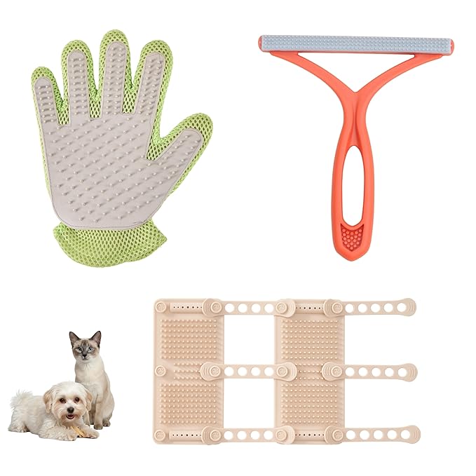 Petpals Pet Hair removal Tool, Portable Flexible Cat Massager,2 in 1 Pet Grooming Glove, Cat/Dog Hair Removal Brush for Rugs, Couch, Furniture, 3 in 1 Bundle,Valuable Kit