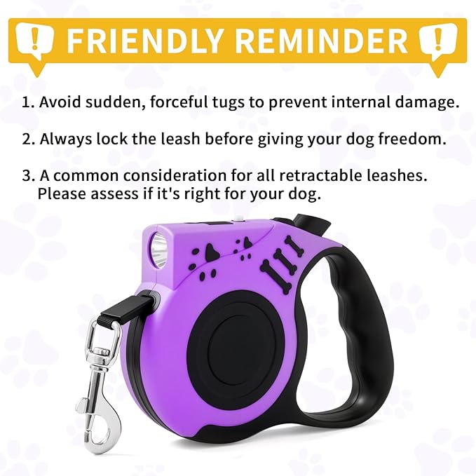 Retractable Dog Leash with USB Rechargeable Flashlight for Night Walks, 16FT Automatic Telescopic Tractor Dog Leash for Small and Medium Dogs, Purple