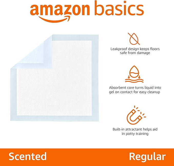 Amazon Basics Scented Dog and Puppy Potty Training Pee Pads, 5-Layer Leak-Proof Super Absorbent with Quick-Dry Surface, Regular Size 22 x 22 Inch, Blue & White, 100 Count