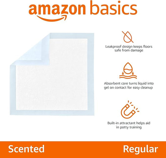 Amazon Basics Scented Dog and Puppy Potty Training Pee Pads, 5-Layer Leak-Proof Super Absorbent with Quick-Dry Surface, Regular Size 22 x 22 Inch, Blue & White, 100 Count