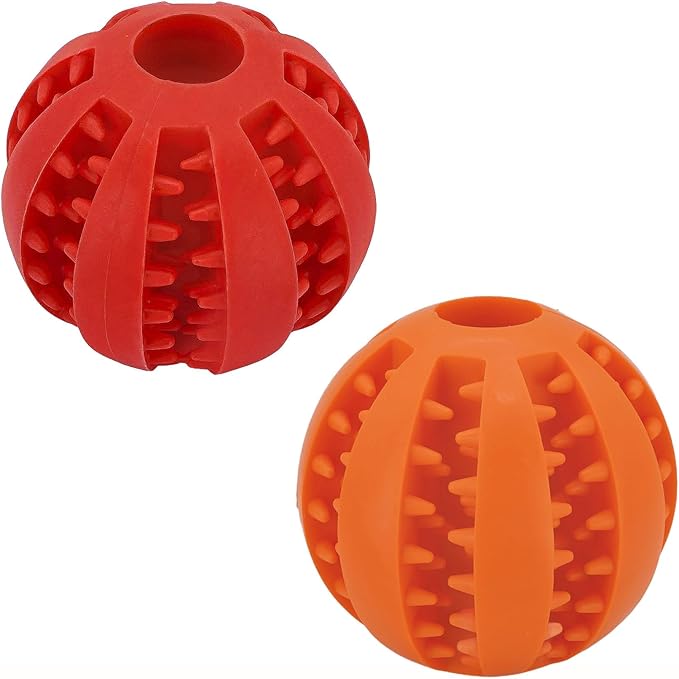 2 Pcs Non-Toxic Rubber Dog Toy Ball, 2.75 inch Durable & Tough Rubber Dog Treat Dispensing Puzzle Ball Chew Toy & IQ Training Toy for Small & Medium Sized Dogs (Red & Orange)