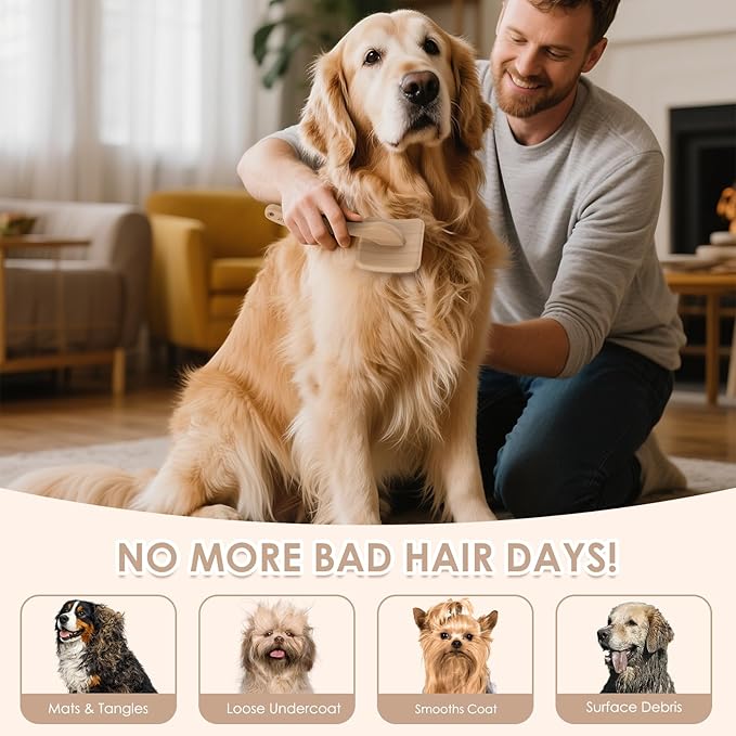 Large Long Pin Slicker Brush for Shedding – 3PC Grooming Kit with Dematting Comb & Comb for Long-Haired Dogs & Cats, Doodles, Poodles, Goldendoodle & Double Coats, Wooden Handle, Natural