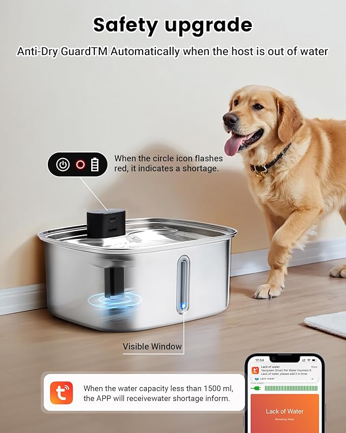 Smart Dog Water Bowl Dispenser Large, 10L/ 2.64Gal Cordless Dog Water Fountain Stainless Steel with APP Monitoring, 4000mah Automatic Cat Water Fountain for Mutil-Pets Large Dogs, 3 Fountain Modes