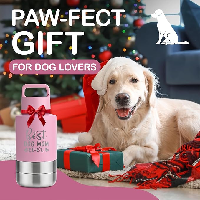 KEWIXY Insulated Dog Travel Water Bottle With Detachable Bowls, Ideal Dog Mom Gifts for Women, Portable Water Bottle Dispenser, For Walking, Hiking, Camping, Outdoor (Pink:Best Dog Mom, 32 Oz)
