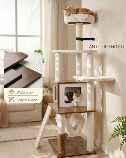 61" Modern Cat Tree Tower for Indoor Cats, Luxury Climbing Tower with Plush Lounge, Kitty Condos, Hammock & Scratching Posts, Classic cat Furniture (Rustin Brown)