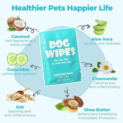 Dog Wipes, Pet Grooming Cleaning Wipes for Dogs, 7x7 Inch, 40 Count Individual Packs, Hypoallergenic Unscented for Face, Paws, Body