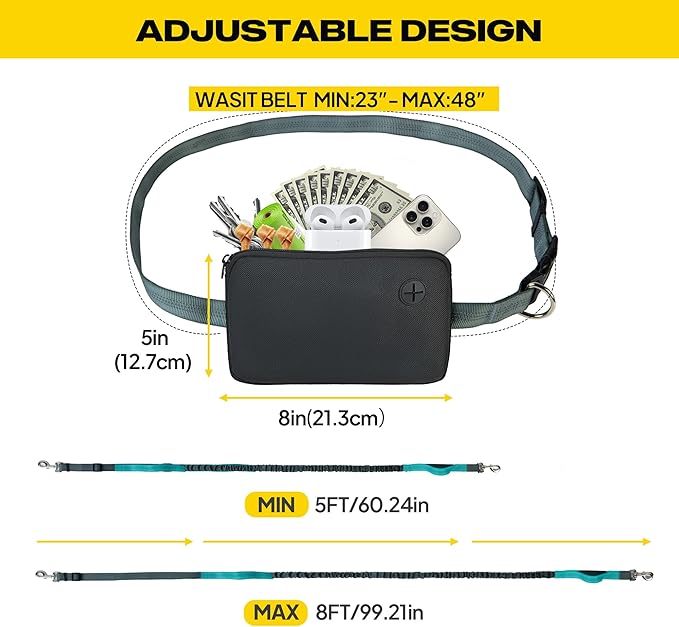 Fida 3-in-1 Hands Free Dog Leash with Zipper Pouch, Bungee & Reflective Straps – Adjustable 5-8ft Crossbody/Waist Running Leash for Dogs, Detachable Traffic Handle for Safe Walking & Jogging