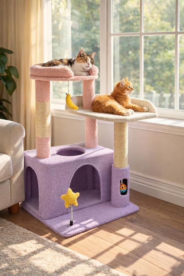 31" Cute Cat Tower for Indoor Kittens with Cat Condo, Plush Platform, Hammock, Sisal Scratching Posts, Dangling Ball, Tall Cat Tree Tower with Self-Grooming Brush (Moonlit Violet)