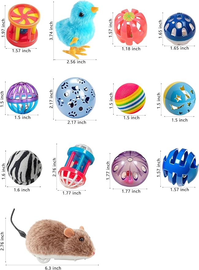 22 Pcs Luxury Cat Toys Set, Indoor Cat Toys for Bored Kittens, Wind-Up Chick Tumbler Mouse Jingle Balls, Interactive Cat Play Toys for All Cat Ages (1.5'' - 6.3'')