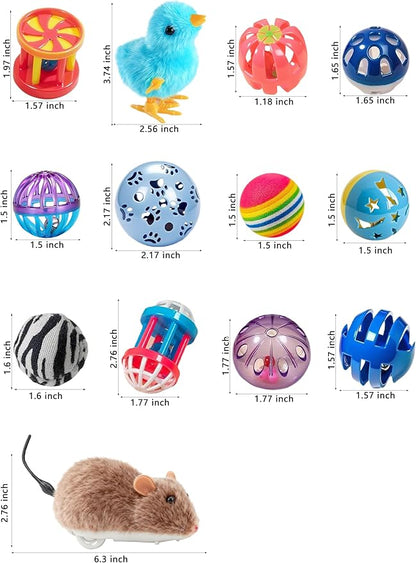 22 Pcs Luxury Cat Toys Set, Indoor Cat Toys for Bored Kittens, Wind-Up Chick Tumbler Mouse Jingle Balls, Interactive Cat Play Toys for All Cat Ages (1.5'' - 6.3'')