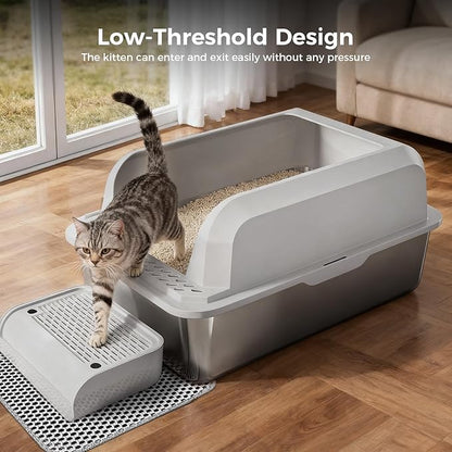 GTPLAYER Stainless Steel Cat Litter Box XL - Extra Large High-Sided Open-Top Metal Litter Box for Large & Multi-Cat Homes, Splash Guard, Low Entry, Easy Clean 304 Steel with Step, Mat & Scoop, White