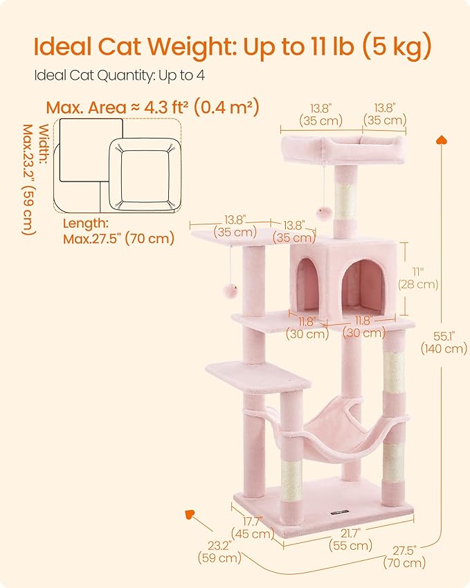Feandrea Cat Tree, 55.1-Inch Cat Tower, Plush Multi-Level Condo with 4 Scratching Posts, 2 Perches, Hammock, Cave, Jelly Pink UPCT161P01