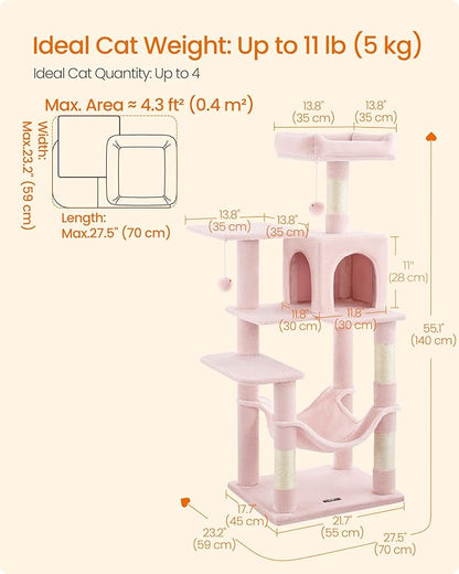 Feandrea Cat Tree, 55.1-Inch Cat Tower, Plush Multi-Level Condo with 4 Scratching Posts, 2 Perches, Hammock, Cave, Jelly Pink UPCT161P01