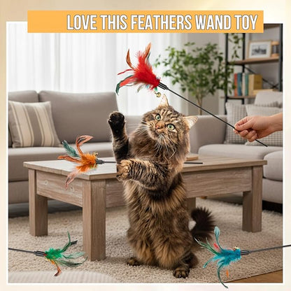 Leitee 50 Pcs Cat Wand Toy Feather Stick Cat Toy Bulk Feather Toys and Teaser Wand Bulk Interactive Stick for Indoor (Multi-Color)