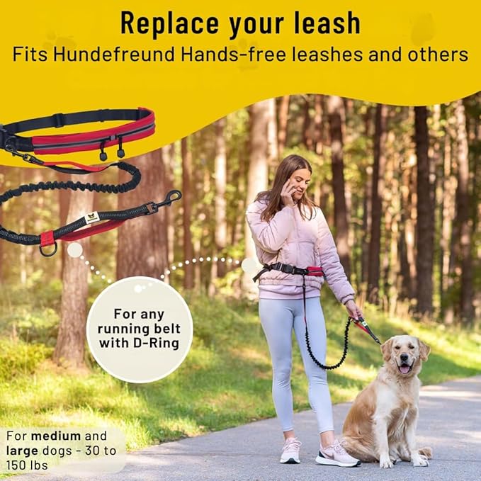 Hundefreund Hands-Free Dog Leash Replacement Bungee (47–67”) – Extension for Medium & Large Dogs – Shock-Absorbing with Dual Handles & Reflective Stitching (Red)