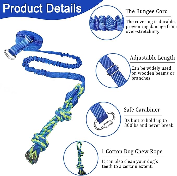 Dog Bungee Tug Toy Hanging from Tree,Outdoor Tug of War Interactive Tether Dog Rope with Chew Lure for Small Medium Large Dogs (Blue)