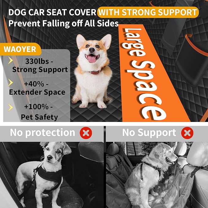 Dog Seat Cover for Back Seat, Hard Bottom Back Seat Extender Holds 400 lbs, Waterproof & Nonslip Car Hammock for Large Pets, Comfortable Travel Seat Protector for SUV and Sedan