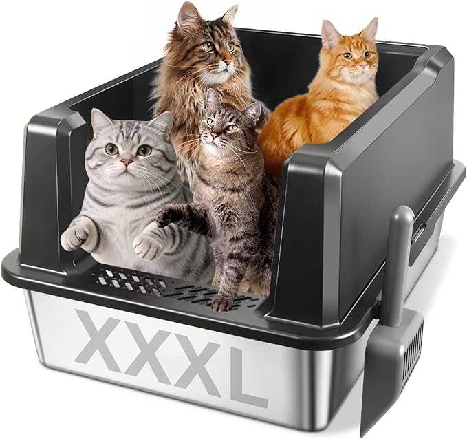 XXXL Stainless Steel Litter Box with Lid, Jumbo 28"x20"x14" Metal Litter Box with High Sides, Cat Litterbox Extra Large for Big Kitty, Multiple Cats, Never Absorbs Odors, Non-Stick