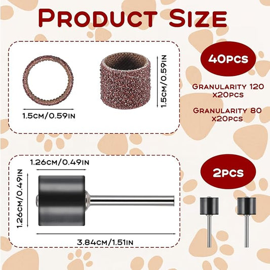 42 Pcs Pet Nail Grinder Replacement Kit with Grit Sanding Bands Pet Dog Nail Smoother Sanding Drum Set Pet Claw Grooming Supplies for Dog Claw Care (80#/120#)