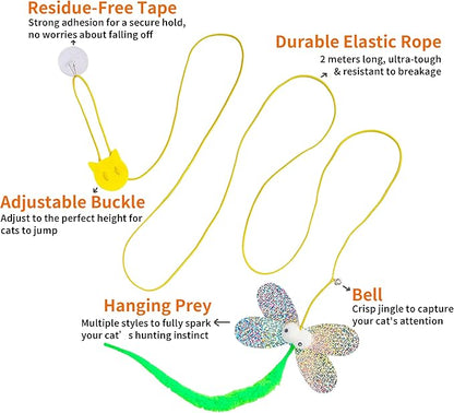 Interactive Feather Cat Toy 8-Piece Set | Indoor Hanging Elastic Rope with Adjustable Height,Delivers Diverse Stimulation for Cats' Play, Jumping & Boredom Relief