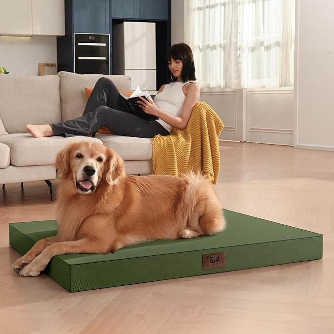 Outdoor Dog Bed for Small Dogs & Cats, Waterproof Dog Crate Mat Orthopedic Egg Crate Foam with Washable Removable Oxford Cover, Amy Green