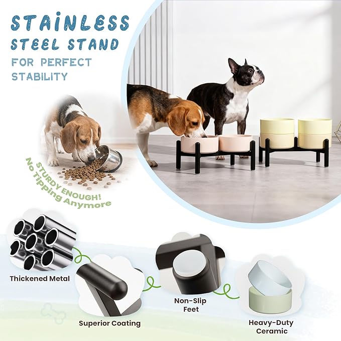 Ceramic Elevated Dog Bowl Set - Dog Feeder Station with Cute-Style Double Bowls for Small and Medium Size Breed - Non-Slip Raised Dish for Food and Water Feeding- 6 Inch - 3.5 Cups / 20 fl oz - Blue