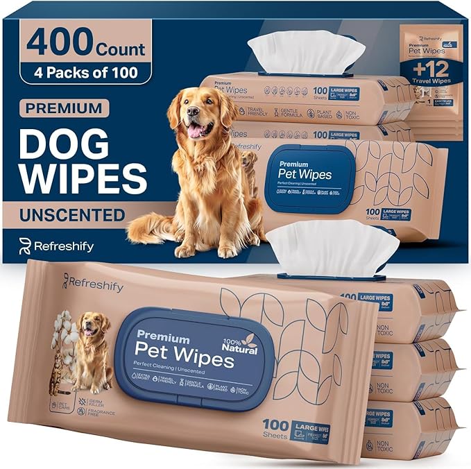 Dog Wipes for Paws and Butt - Plant Based Unscented (Pack of 400) - Pet Wipes for Dogs and Cats - Deodorizing Non Toxic Dog Wipes, +12 Additional Travel Wipes