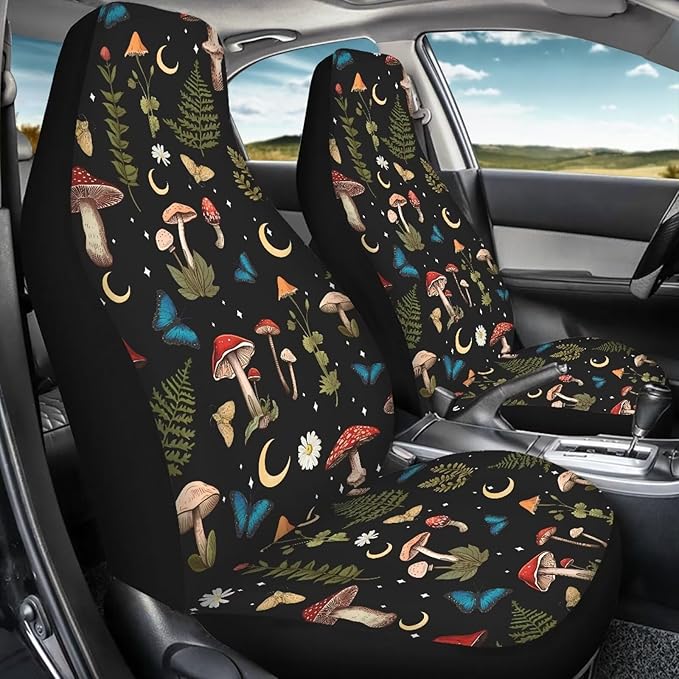 Mushroom Daisy Print Car Seat Covers Front Seats Only Set for Women Men, Easy Install Clean Universal Car Interior Covers Seat Protectors