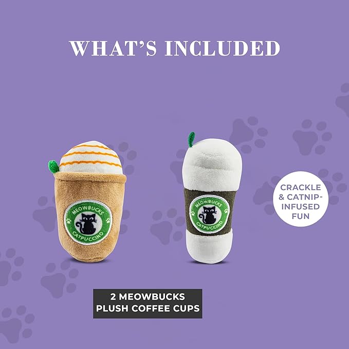 Meowbucks Catpuccino Set, Plush Cat Toys Catnip Filled with Interactive Crackle Sound, Safe & Durable Toys for Cat & Kitten, 2 Pcs