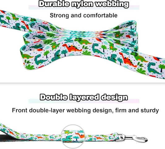 6 Foot Dog Leash for Medium Large Dogs, Double Handle Dog Leash with Padded Traffic Control Handles, Walking Training Lead, Dinosaur