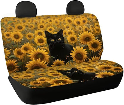 AFPANQZ Black Cat Sunflower Car Rear Seat Covers Set Universal Fabric Cloth Car Seat Cover Automatic Backseat Protector Fit SUV Truck Van Dog Back Seats Protection Dust-Proof Washable
