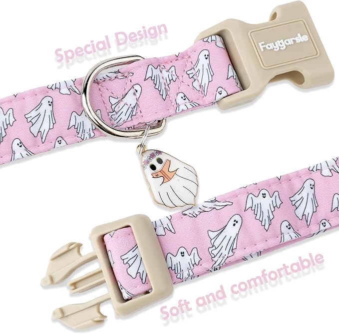 Faygarsle Pink Ghost Pattern Dog Collar with Charm, Halloween Pet Necklace, Adjustable Collar for Small Medium Large Dogs L