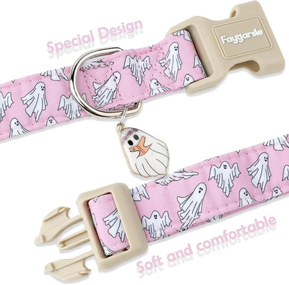 Faygarsle Pink Ghost Pattern Dog Collar with Charm, Halloween Pet Necklace, Adjustable Collar for Small Medium Large Dogs L