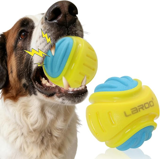 LaRoo Indestructible Squeaky Dog Ball, 3.9" TPR Rubber Chew Toys for Medium/Large Dogs, Floatable Teeth Cleaning Toy with Textured Grip, Non-Toxic Indoor/Outdoor Fetch & Water Play Toy (Yellow)